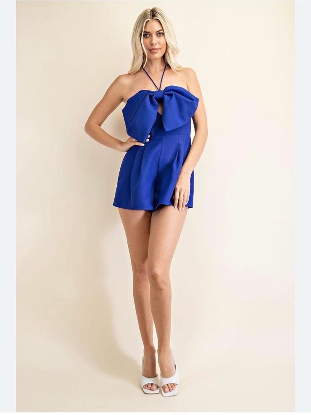 GLAM Royal Blue Strapless Bow Romper Sz S - Picture 2 of 8